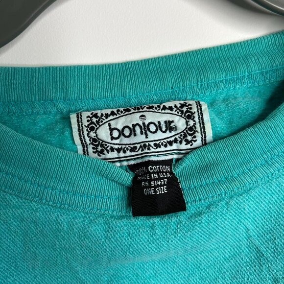 Turquoise blue Bonjour floral print sweatshirt one size 100% cotton made in USA - Picture 6 of 6
